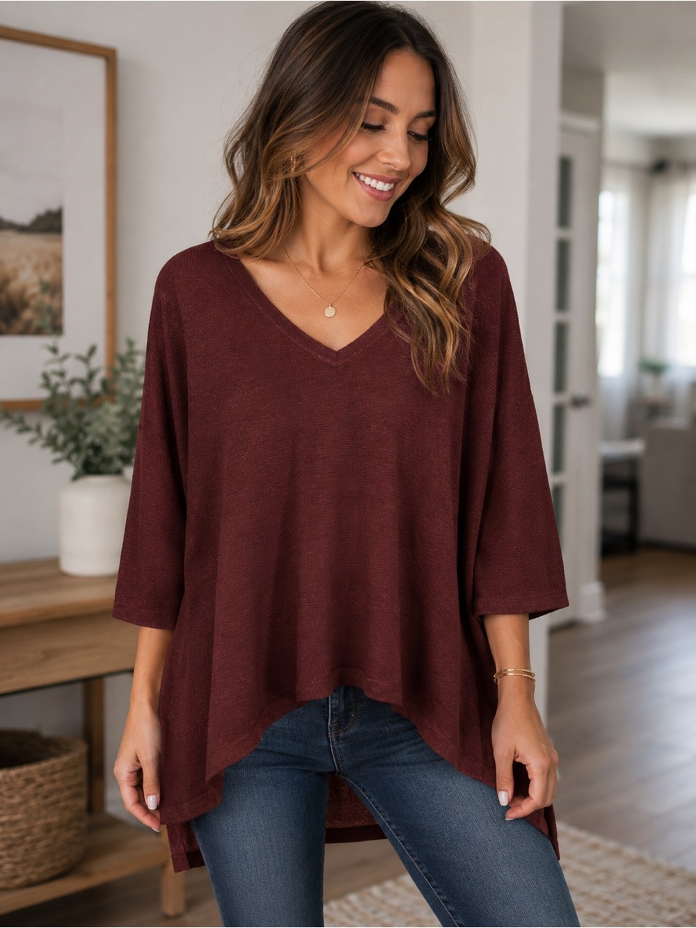 Express Women's V-Neck Oversized Tunic - Wine